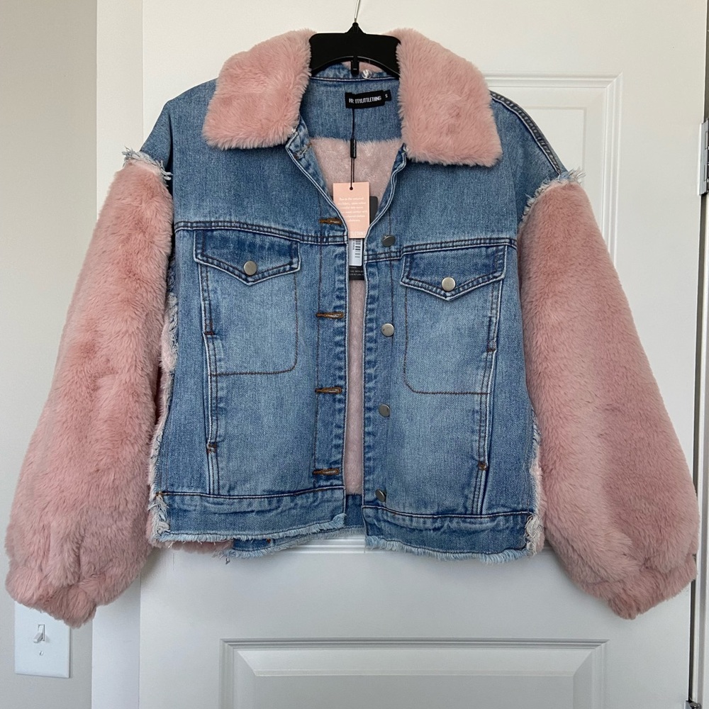 PrettyLittleThing PLT Denim and Pink Faux Fur Jacket NWT